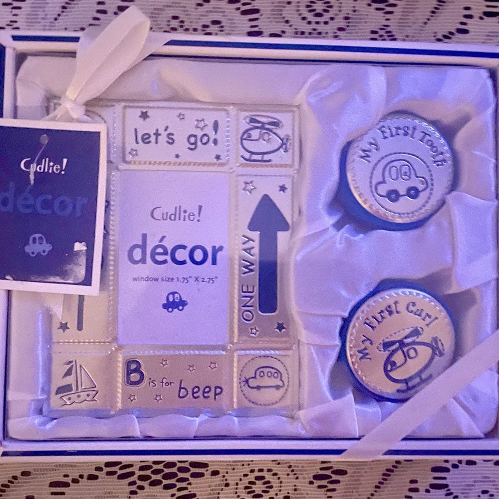Baby Boy Gift Set Frame First Tooth Curl Holders Keepsakes Blue Silver NEW NIB